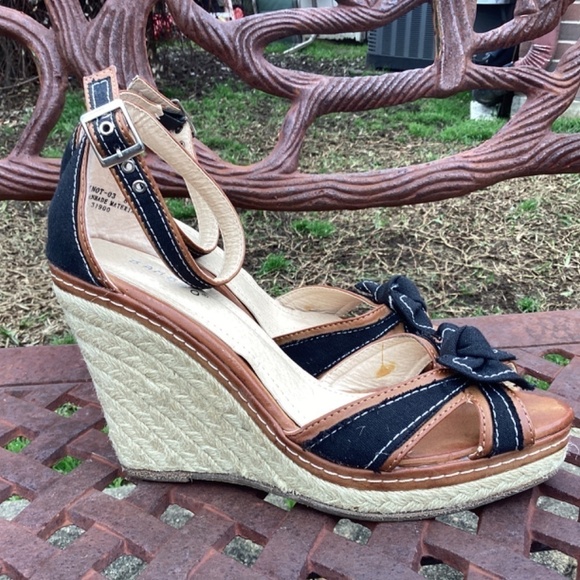 Bamboo Vegan Leather Black Fabric Detail Platform Wedge Heel/ Sandal Siz… - Picture 10 of 10